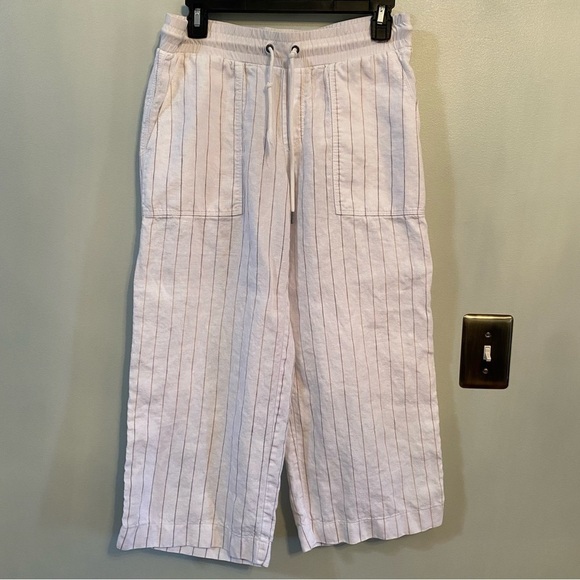 Athleta Linen striped white wide leg drawstring cropped  pant size 6 - Picture 1 of 8